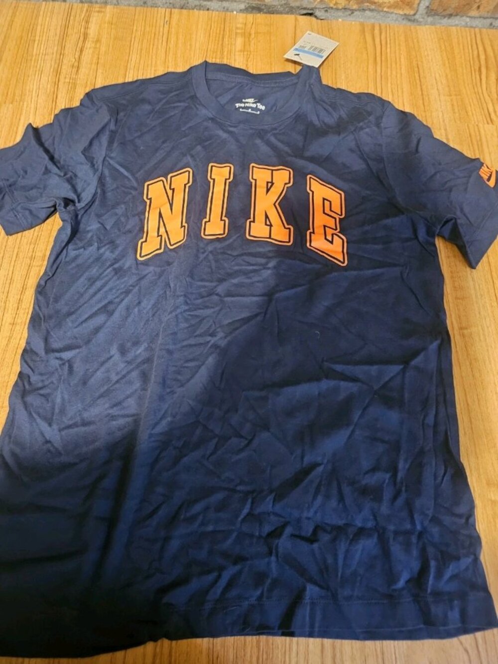 The Nike Tee T Shirt Blue and Orange Lettering Mens Size Medium 100% Cotton